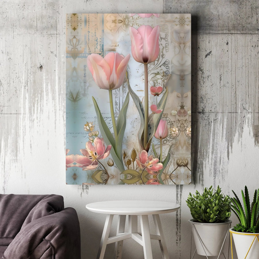 Vintage Tulip Canvas Wall Art | Shabby Chic Botanical Illustration | Premium Fade-Resistant Print | Living Room & Bedroom Decor Gift