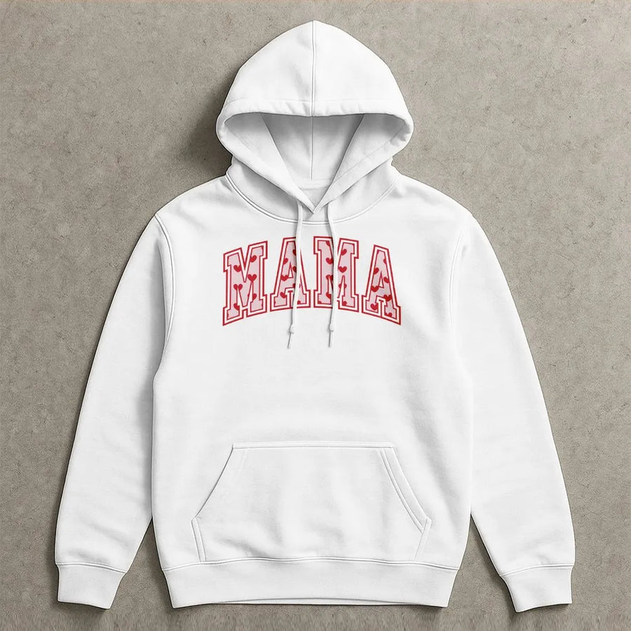 Mama Hoodie with Heart Design | Varsity Letter Mama Sweatshirt | Premium Cotton Blend | Cute Valentine's Day Gift for Mom and Wife