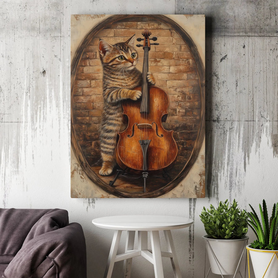 Cat Playing Cello Canvas Art | Vintage Style Musical Kitten Portrait | Premium Gallery Wrap Wall Decor | Unique Gift for Music and Cat Lovers
