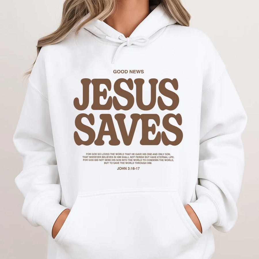 Jesus Saves Hoodie | Faith Based Bible Verse Graphic | Premium Cotton Blend | Christian Apparel Gift for Men and Women