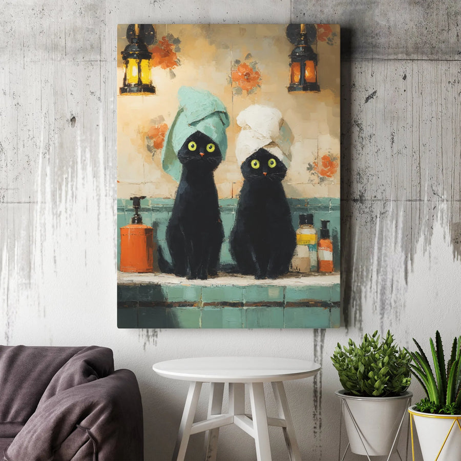 Black Cat Bathroom Wall Art | Funny Spa Day Cats in Towels | Premium Gallery Wrap Canvas | Whimsical Animal Decor for Cat Lovers Gift