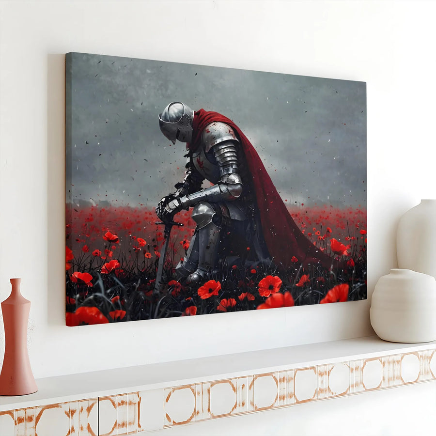 Kneeling Knight Canvas Wall Art | Warrior in Poppy Field Print | Premium Gallery-Quality Canvas | Medieval Fantasy Home Decor Gift for Him