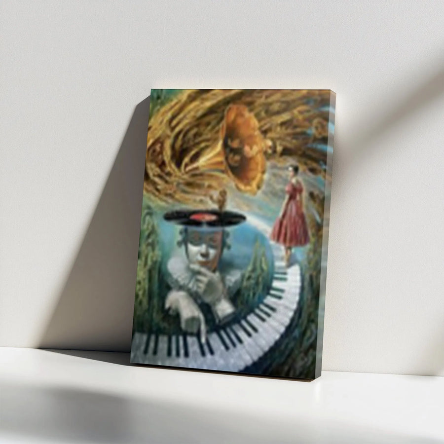 Surreal Music Vertical Canvas | Abstract Piano & Phonograph Wall Art | Premium Thick Gallery Wrap | Modern Home Decor Gift for Musician