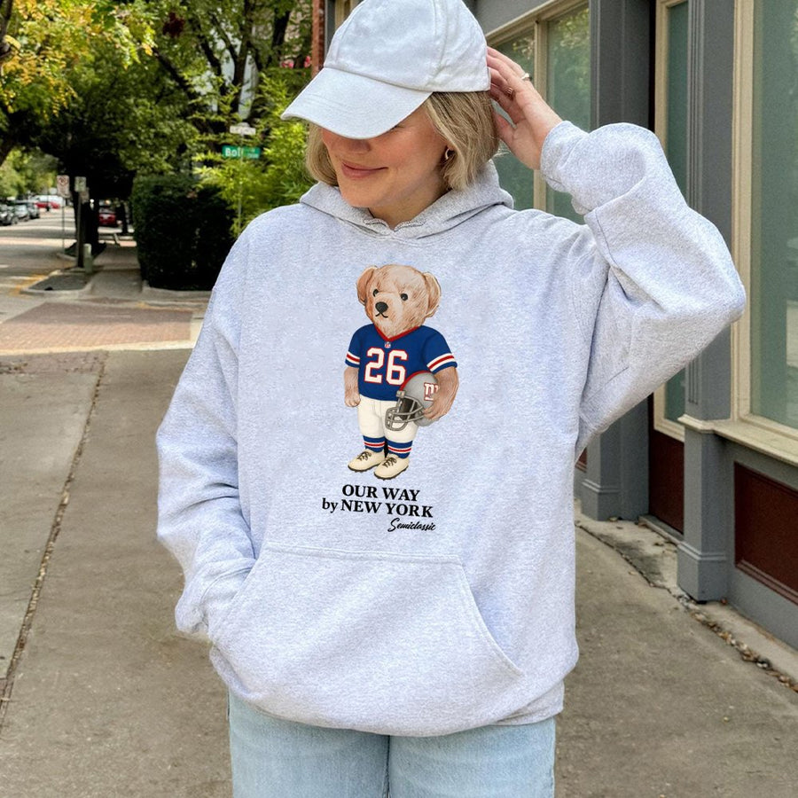 Our Way By New York Semiclassic Teddy Bear Dressed As A New York Giants Football Player With The Number 26 Hoodie