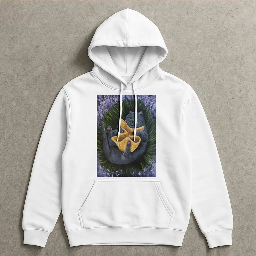 Crab Rangoon Cat Hoodie | Whimsical Lavender Field Art | Premium Soft Cotton Blend | Unique Gift for Foodie Cat Lovers