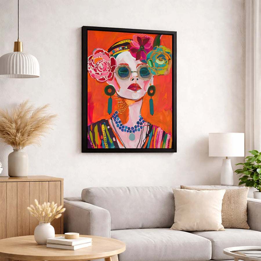 Bohemian Woman Portrait Canvas Art | Colorful Floral Fashion Wall Decor | Gallery-Wrapped Premium Print | Modern Aesthetic Statement Gift