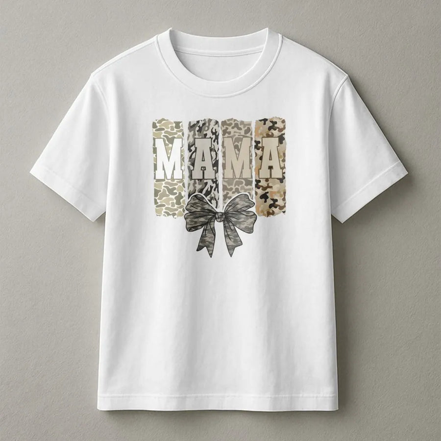 Mama Camo T-Shirt | Distressed Camouflage Bow Graphic Print | Premium Soft Cotton Blend | Trendy Mom Gift For Her Birthday Or Mother's Day 2026