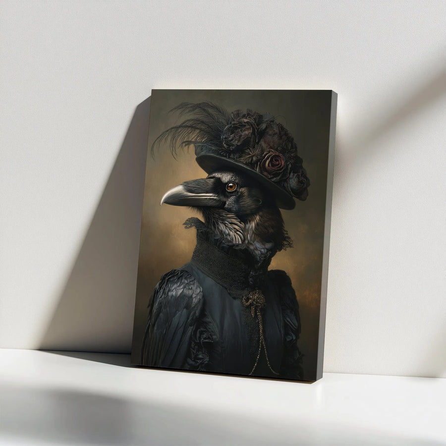 Gothic Crow Canvas Wall Art | Victorian Raven Portrait Painting | Premium Thick Gallery Wrap | Collector's Dark Academia Home Decor Gift