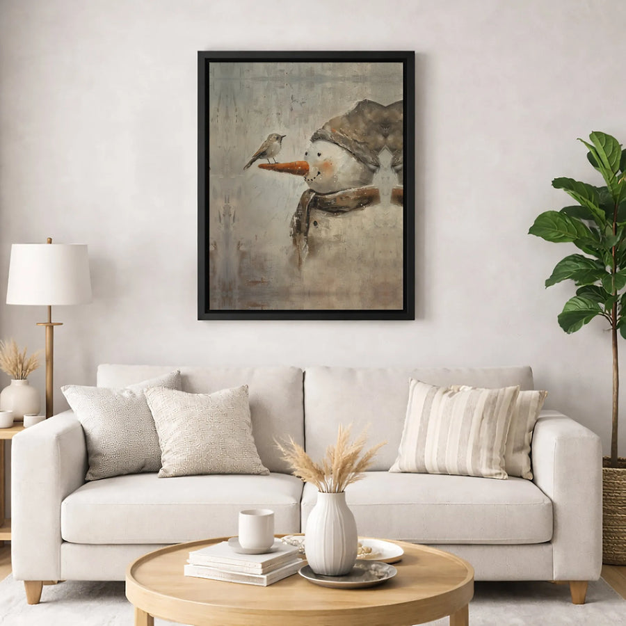 Rustic Snowman Canvas Wall Art | Winter Bird And Snowman Portrait | Premium Fade-Resistant Gallery Wrap | Seasonal Christmas Home Decor