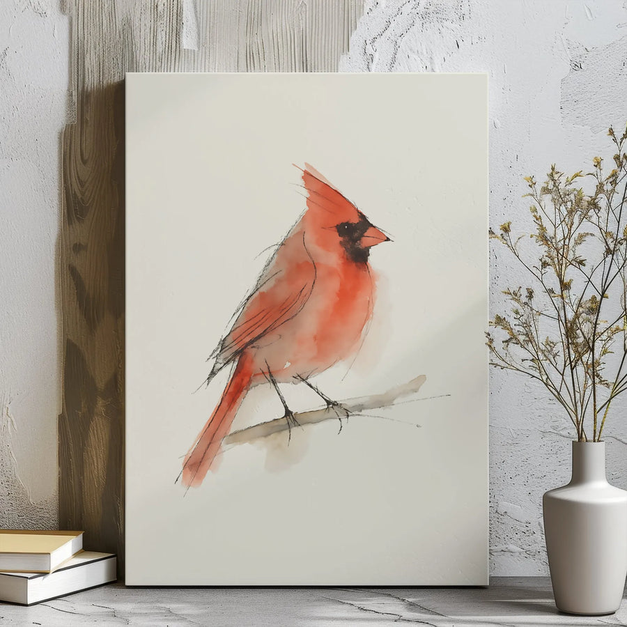 Red Cardinal Bird Canvas Wall Art | Minimalist Watercolor Sketch | Premium Gallery Wrap Print | Nature-Inspired Home Decor Gift