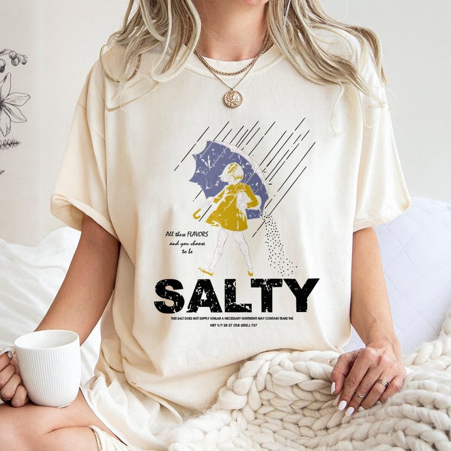 Salty Graphic T-Shirt | Funny Retro Umbrella Girl Illustration | Premium 100% Cotton Tee | Sarcastic Gift for Men and Women