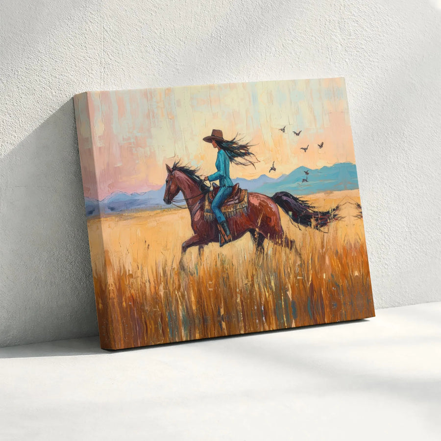 Western Cowgirl Canvas Art | Horse Riding in Golden Field Painting | Premium Gallery Wrapped Decor | Equestrian Wall Art for Home Gift