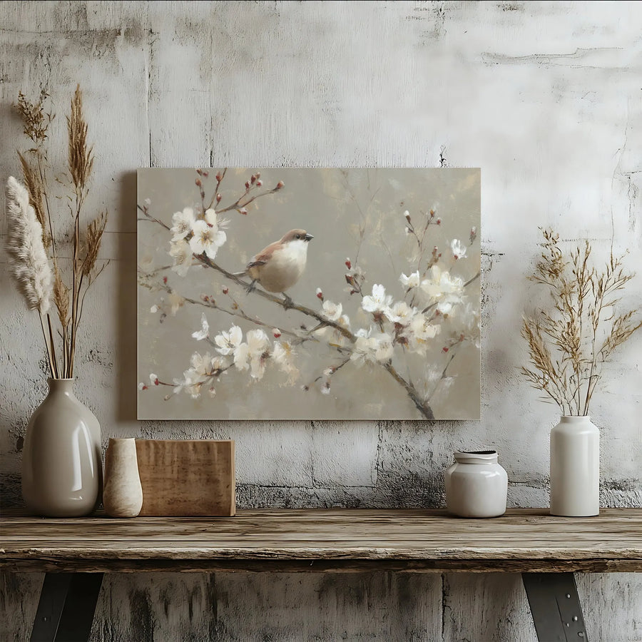 Vintage Bird and Blossom Canvas Art | Japanese Inspired Painting Print | Gallery Wrapped Premium Canvas | Neutral Farmhouse Living Room Wall Decor