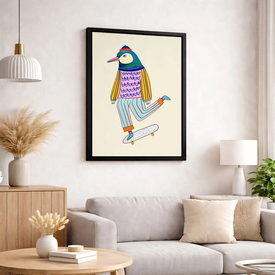 Skater Bird Wall Art | Quirky Animal Illustration | Premium Gallery Canvas | Modern Home Decor Gift
