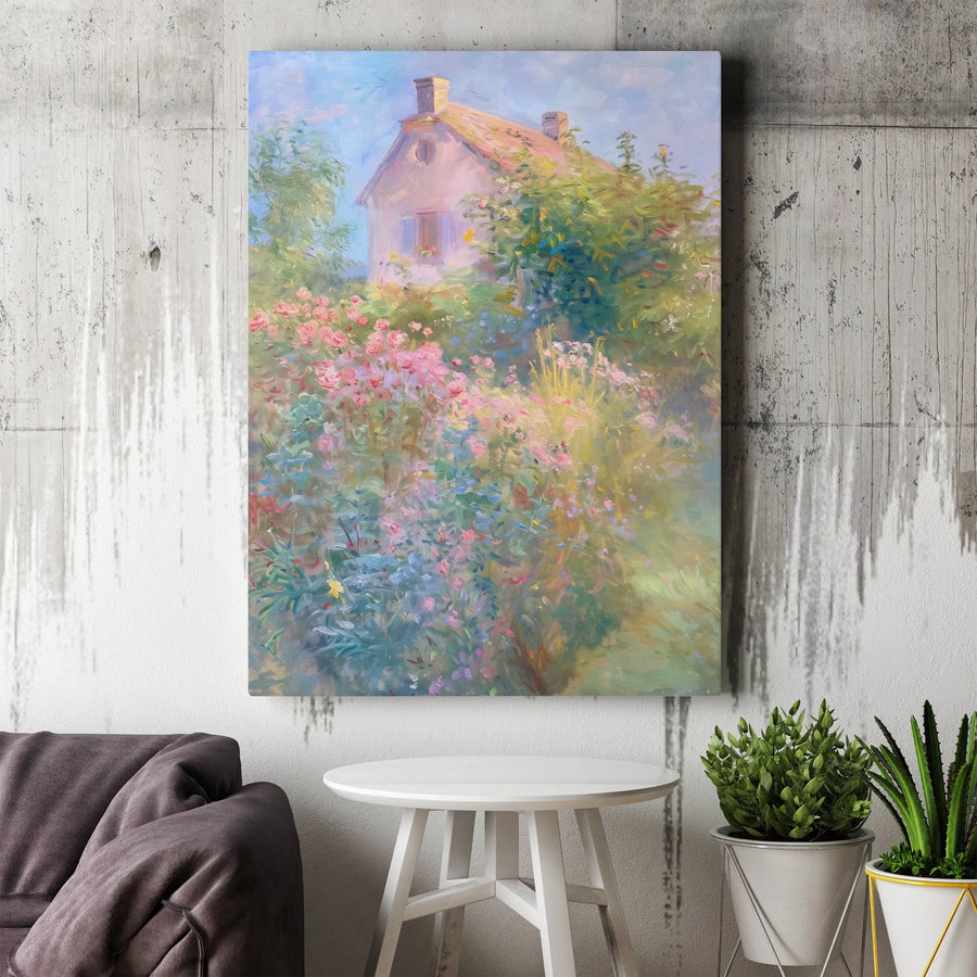Cottage Garden Canvas Wall Art | Impressionist Country House Painting | Premium Thick Gallery Wrap | Farmhouse Living Room Decor Gift