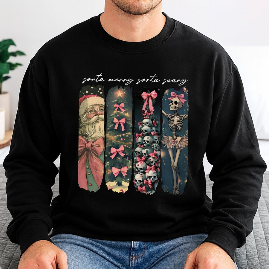 Sorta Merry Sorta Scary Christmas Sweatshirt | Spooky Skeleton Santa Aesthetic | Cotton Blend Unisex Pullover | Unique Holiday Gift For Her