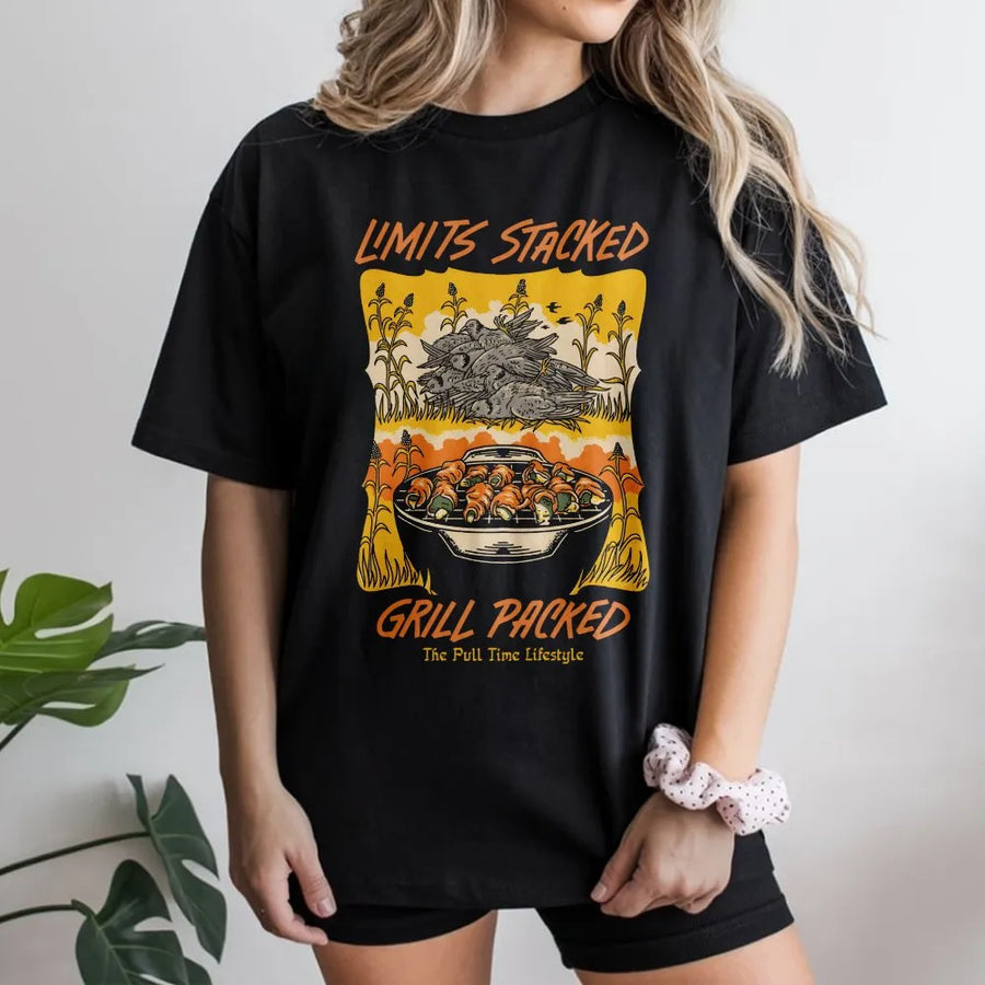 Dove Hunting T-Shirt | Limits Stacked Grill Packed Graphic | Premium Soft Cotton Tee | Outdoor Sports Gift For Hunters