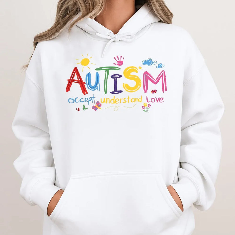 Autism Awareness Hoodie | Accept Understand Love Colorful Graphic | Premium Cotton Blend | Unisex Gift for Teachers and Parents