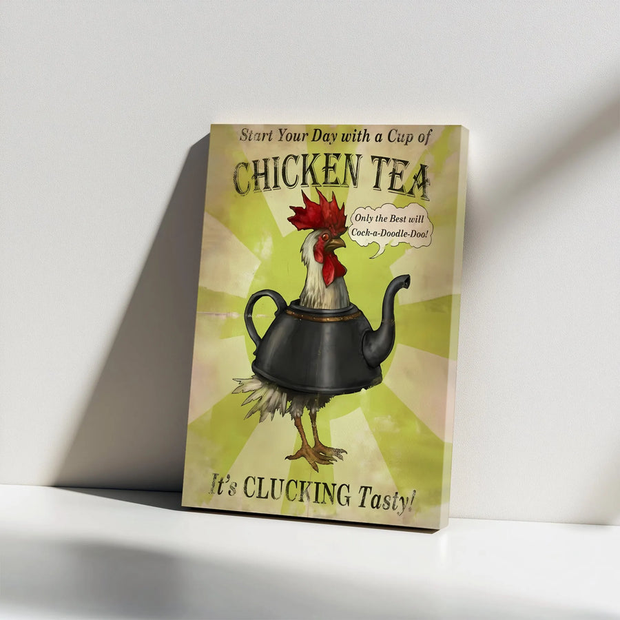 Funny Rooster Wall Art | Whimsical Chicken Teapot Illustration | Premium Gallery Wrapped Canvas | Farmhouse Kitchen Decor Gift
