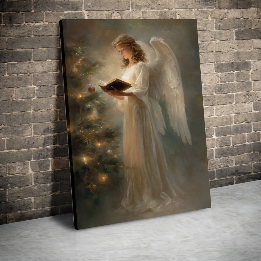 Angel Reading Near Christmas Tree Canvas | Religious Holiday Wall Art | Premium Fade-Resistant Print | Elegant Seasonal Home Decor Gift