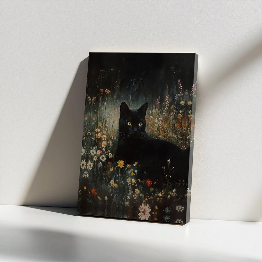 Black Cat Wall Art | Moody Wildflower Garden Painting | Gallery-Wrapped Premium Canvas | Dark Academia Home Decor Gift