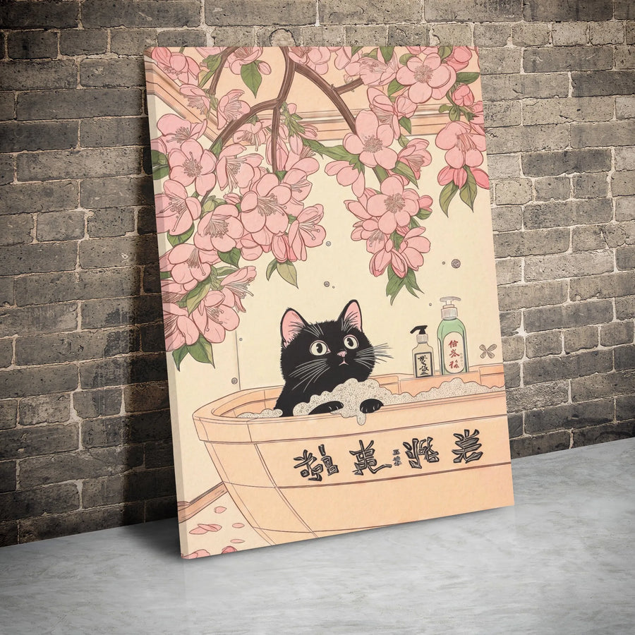 Black Cat Bathing Canvas Print | Japanese Ukiyo-e Cherry Blossom Wall Art | Premium Gallery Wrapped Decor | Whimsical Zen Home Gift