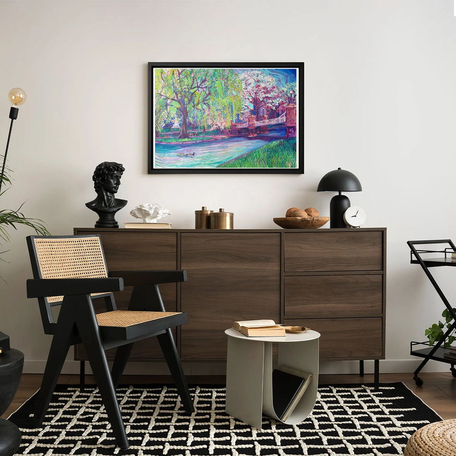 Impressionist Park Canvas Wall Art | Colorful River Bridge Landscape | Premium Fade-Resistant Gallery Print | Nature Home Decor Gift