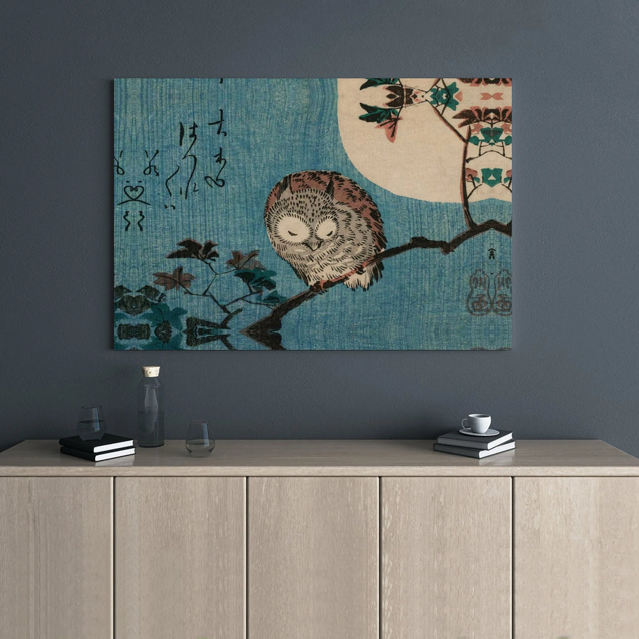 Japanese Owl Wall Art | Ukiyo-E Sleeping Owl Under Full Moon | Premium Gallery Wrapped Canvas Print | Zen Home Decor for Living Room