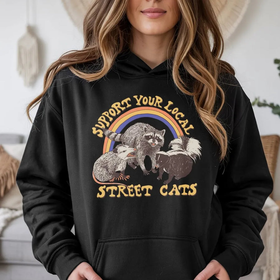 Support Your Local Street Cats Hoodie | Retro Raccoon Opossum Skunk Graphic | Premium Cotton Blend | Funny Wildlife Animal Lover Gift