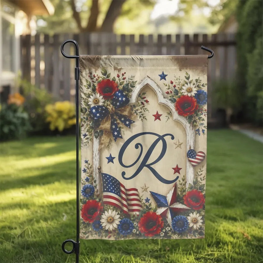 Patriotic Monogram Garden Flag | Rustic USA Flag and Floral Arch Script Letter R | Double Sided Premium Polyester | Independence Day Housewarming Gift