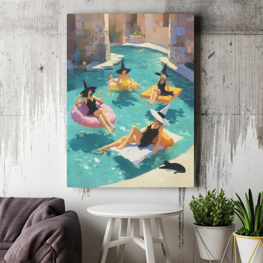 Witchy Pool Party Canvas Wall Art | Modern Coven Painting Print | Premium 1.25" Thick Gallery Wrap | Spooky Chic Home Decor Gift