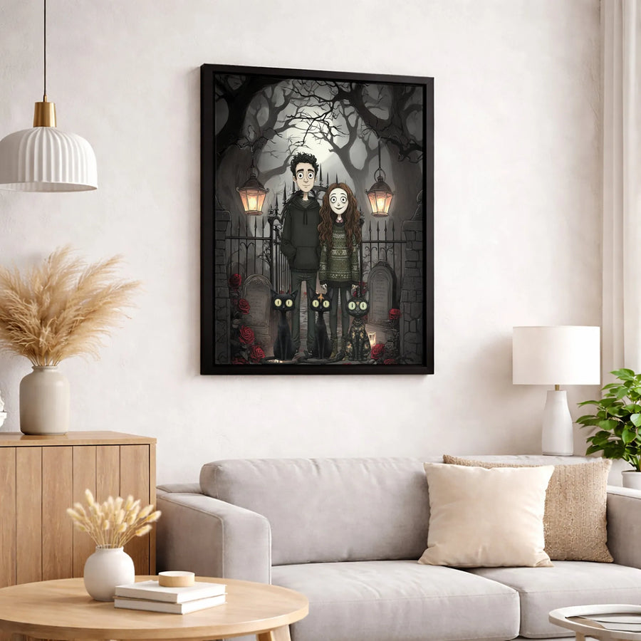 Gothic Couple Canvas Wall Art | Spooky Cemetery Illustration with Black Cats | Gallery-Wrapped Premium Decor | Unique Alternative Gift for Couples