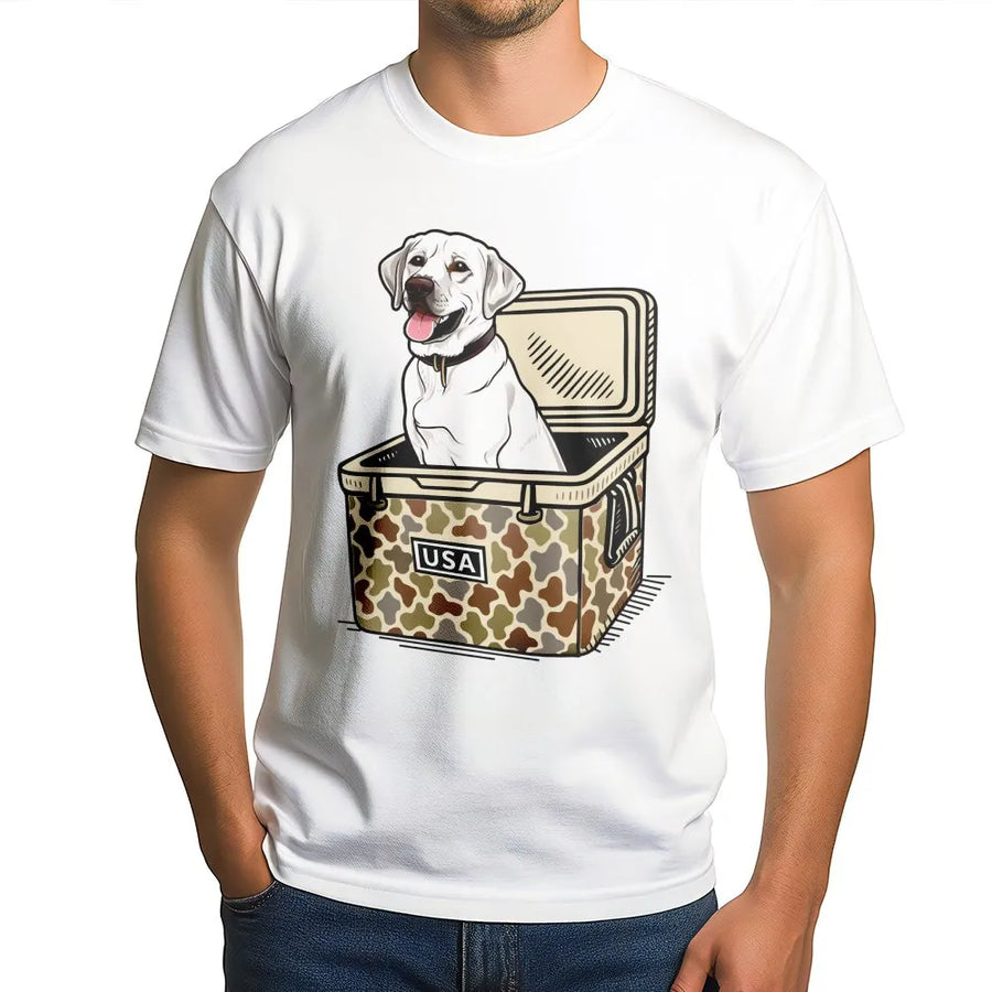 Labrador Dog T-Shirt | Camo Cooler USA Graphic Print | Premium 100% Cotton | Outdoor Hunter Camping Gift for Dog Lovers