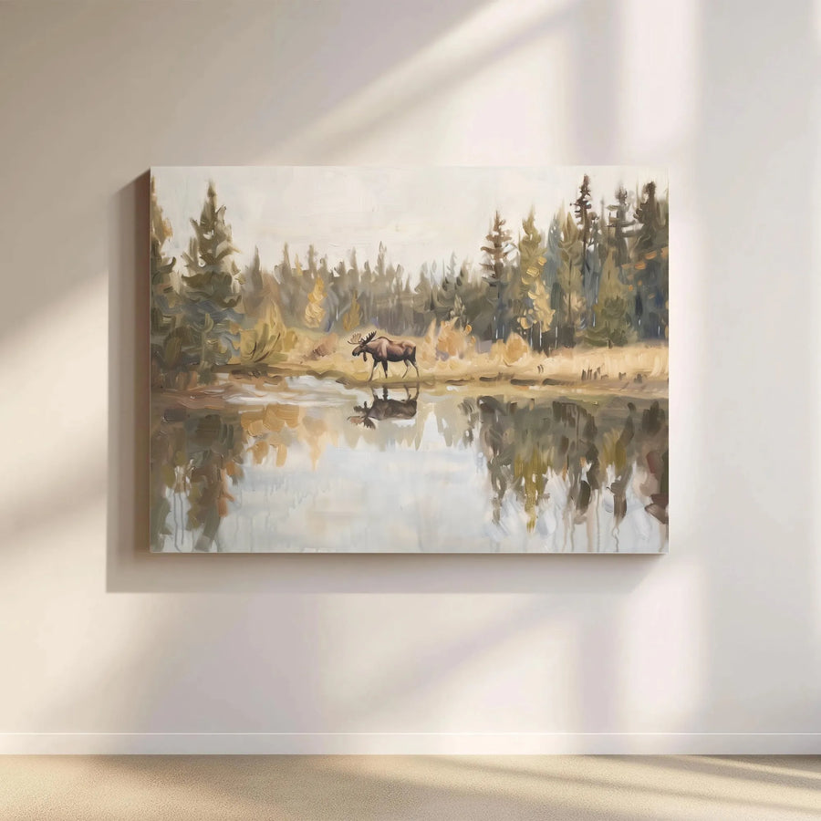 Moose Canvas Wall Art | Impressionist Lake Forest Reflection | 1.25 Inch Gallery Wrap | Rustic Nature Decor For Cabin & Home Office