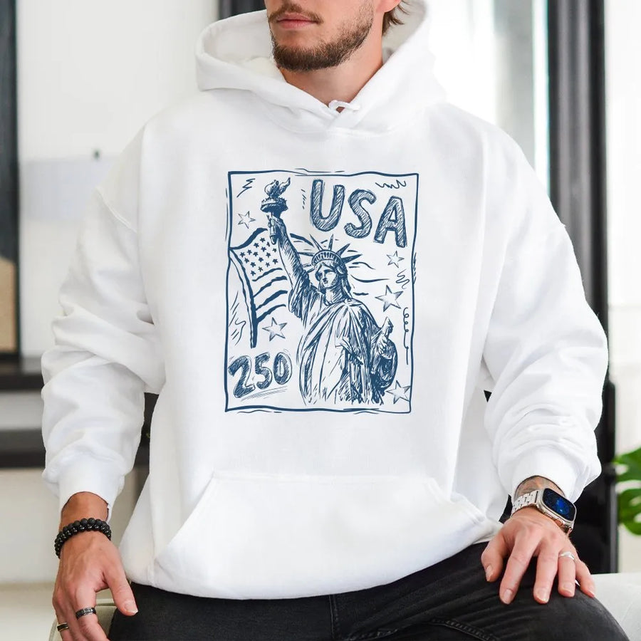 USA 250 Hoodie | Retro Statue of Liberty Graphic | Premium Soft Cotton Blend | Commemorative 4th of July Patriotic Gift