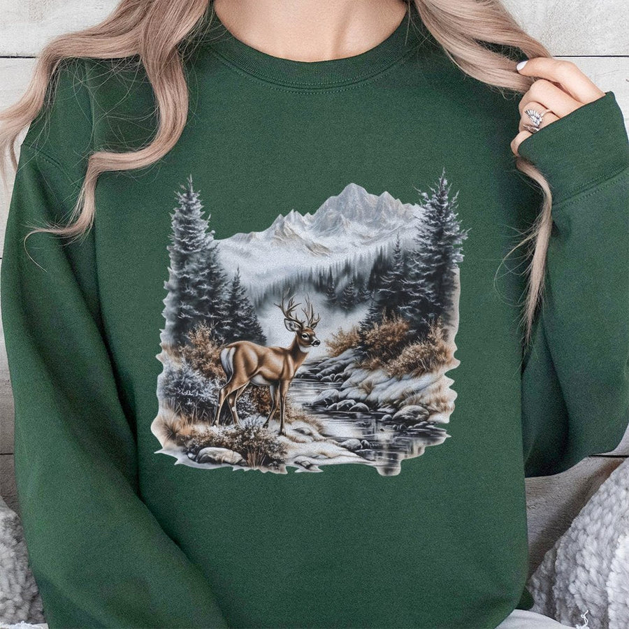 Whitetail Deer Winter Sweatshirt | Mountain Forest Nature Print | Soft Cotton-Blend Premium Quality | Outdoor Nature Lover Gift