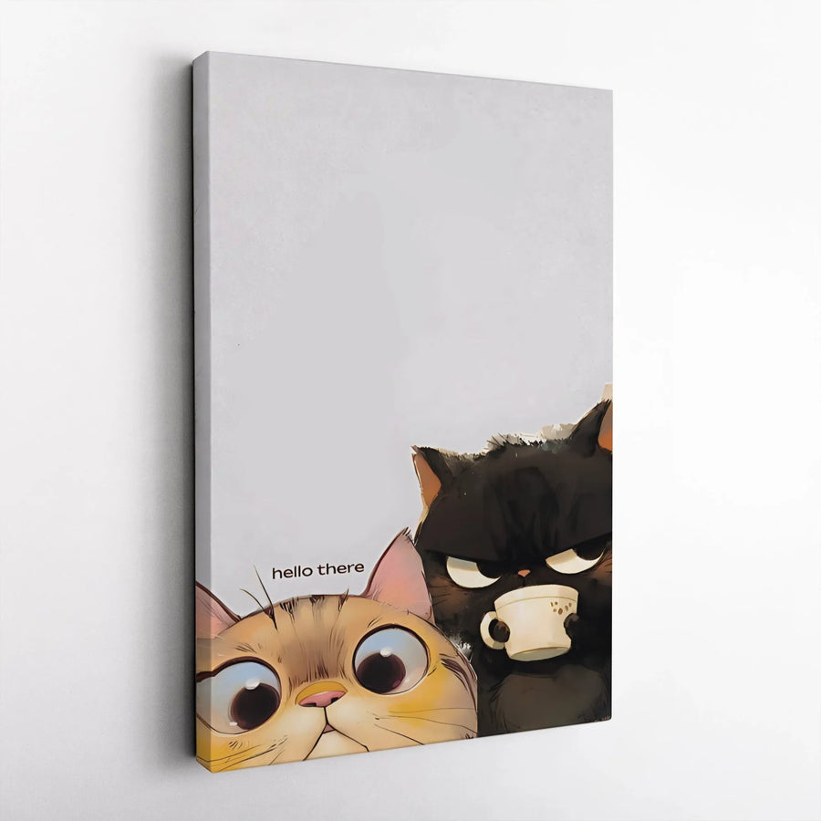 Cute Cat Coffee Canvas Wall Art | Funny Grumpy Kitten Cartoon Portrait | Premium Gallery Wrapped Print | Gift for Cat Lovers & Coffee Addicts