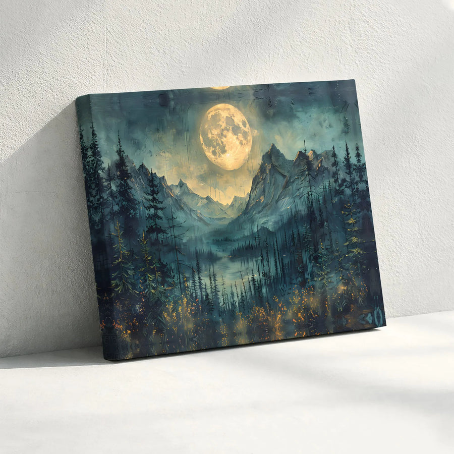 Mountain Moon Canvas Print | Impasto Style Night Sky Artwork | Gallery Wrapped Premium Canvas | Living Room Wall Decor Gift for Nature Lovers
