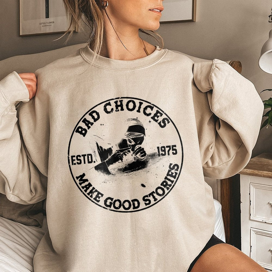 Bad Choices Make Good Stories Sweatshirt | Edgy Smoking Nun Graphic | Premium Cotton Blend | Funny Gift for Friends and Party Lovers