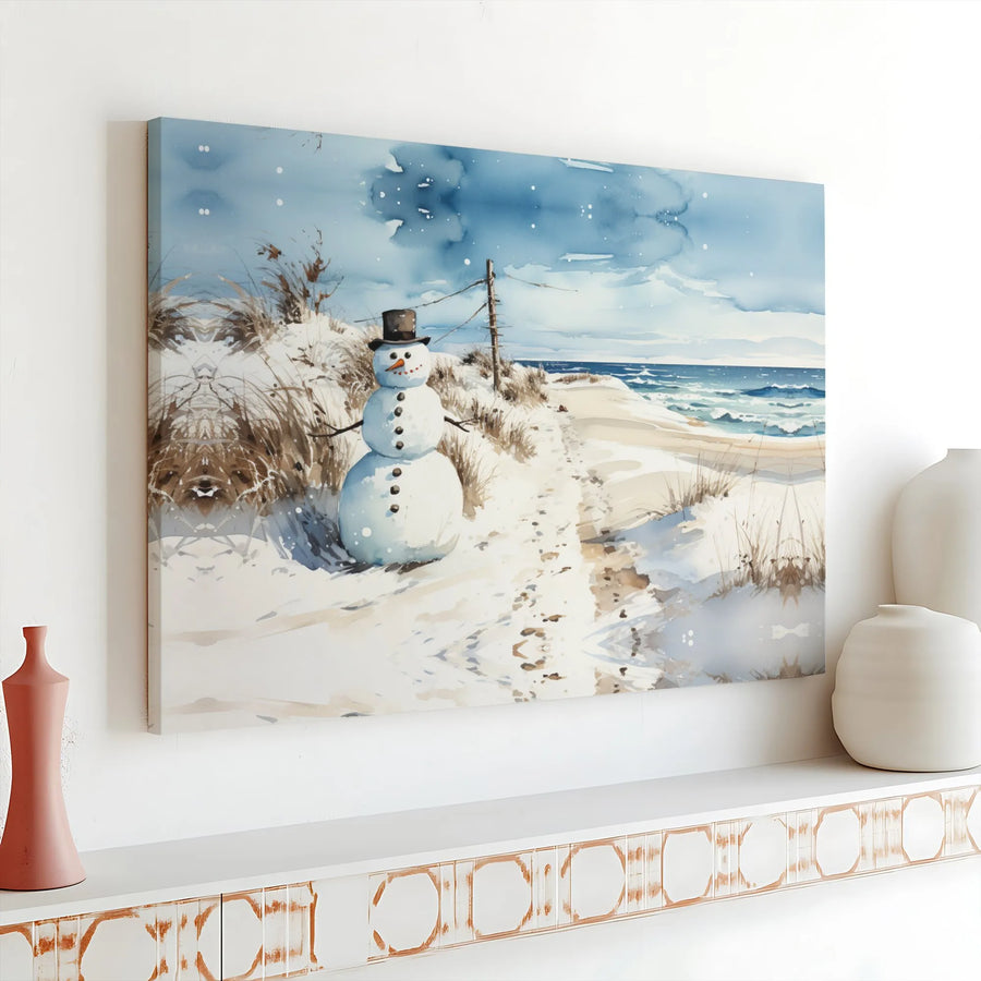 Winter Beach Snowman Canvas Print | Watercolor Coastal Holiday Wall Art | Premium Gallery Wrap Decor | Ready to Hang Gift for Christmas