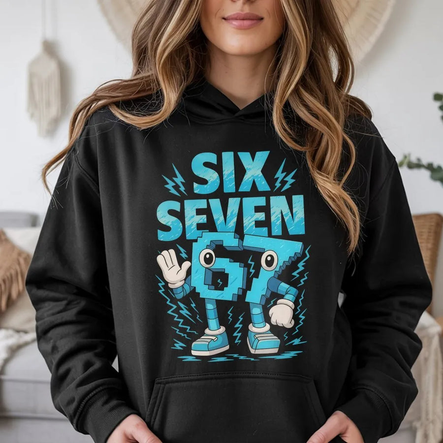 Six Seven Cartoon Hoodie | Retro Gamer Graphic Design | Premium Cotton Blend | Funny Streetwear Gift for Teens & Gamers