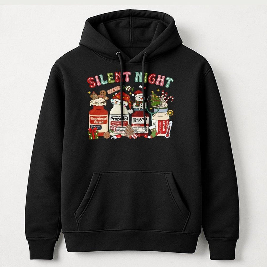 Silent Night Christmas Hoodie | Funny Medical Medicine Vial Graphic | Premium Cotton Blend | Gift for Nurses and Healthcare Workers