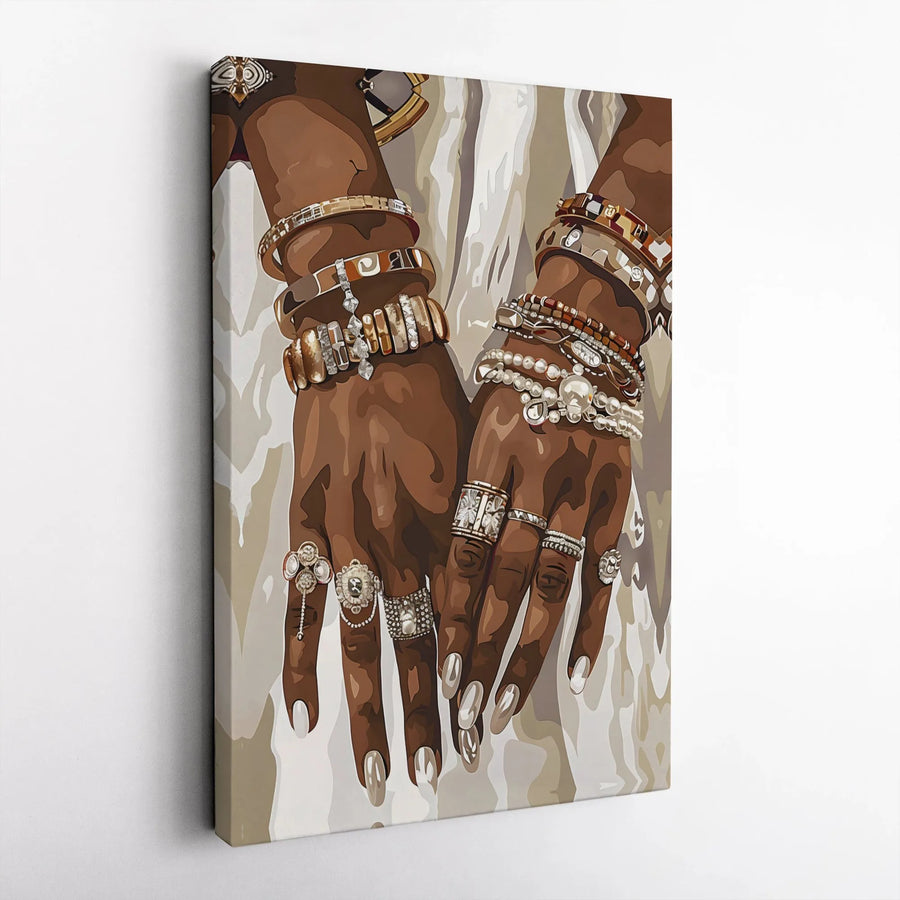 Fashion Jewelry Wall Art | African American Woman Hands Illustration | Premium Matte Canvas Print | Elegant Home Office Decor Gift