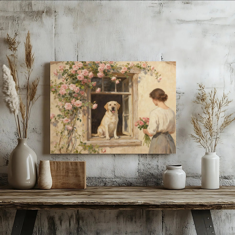 Vintage Labrador and Roses Canvas Art | Romantic Cottage Window Painting | Premium Gallery Wrapped Canvas | Cottagecore Home Decor Gift for Dog Lover