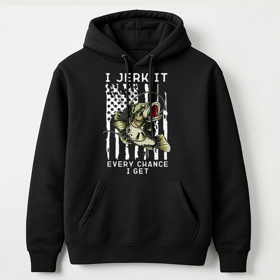 Fishing Hoodie | I Jerk It Every Chance I Get Bass Graphic | Premium Cotton Blend | Funny Gift for Fisherman or Outdoorsman