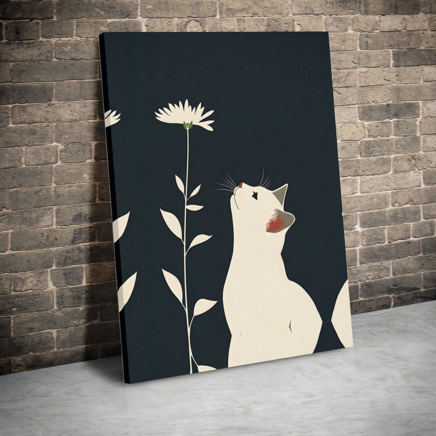 Minimalist White Cat Canvas Print | Modern Floral Daisy Wall Art | Premium 1.25-Inch Gallery Wrap | Aesthetic Home Decor Gift for Cat Lovers