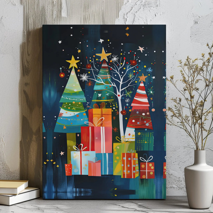 Abstract Christmas Tree Canvas Art | Colorful Holiday Gifts Wall Decor | Premium 1.25-Inch Gallery Wrap | Festive Winter Home Office Wall Hanging