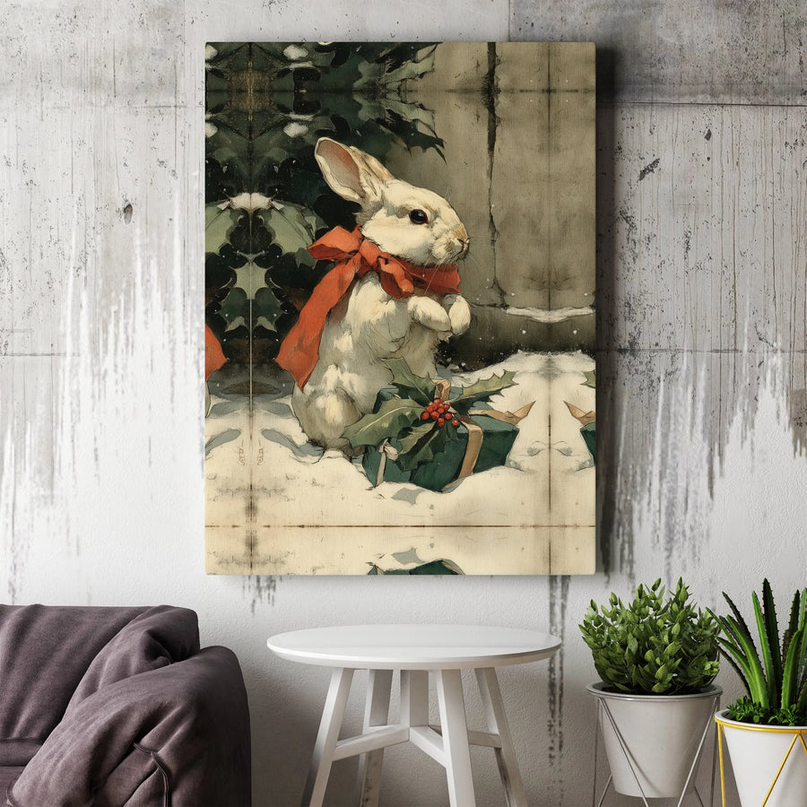 Vintage Christmas Rabbit Canvas | Festive Bunny with Red Bow and Holly | Gallery Quality Fade-Resistant Print | Holiday Home Decor Gift