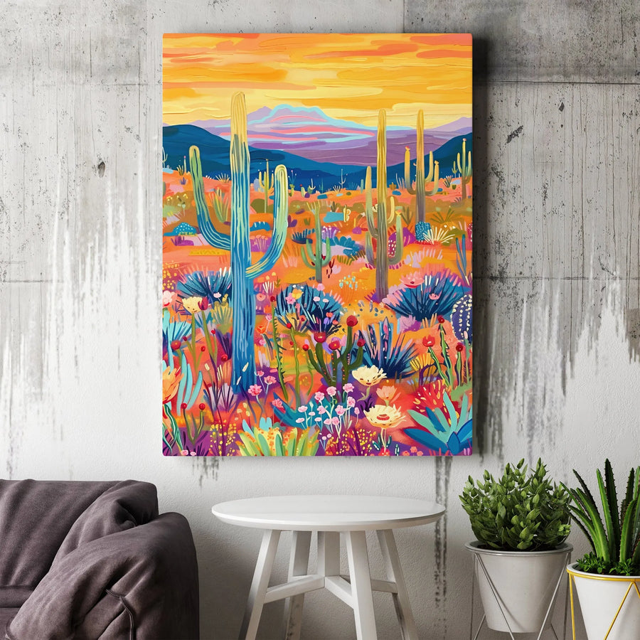 Colorful Desert Cactus Canvas Wall Art | Vibrant Southwestern Sunset Landscape | Premium 1.25-inch Gallery Wrap | Boho Home Office Decor Gift