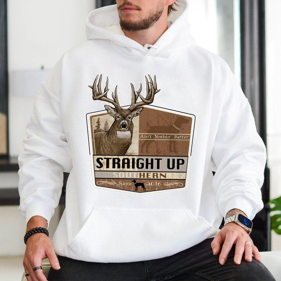 Deer Hunting Hoodie | Straight Up Southern Antler Graphic | Premium Cotton Blend | Gift for Hunter & Outdoorsman